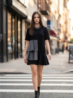 Marni Colorblock Ruffle Dress IT 40 Black Grey Designer Italy